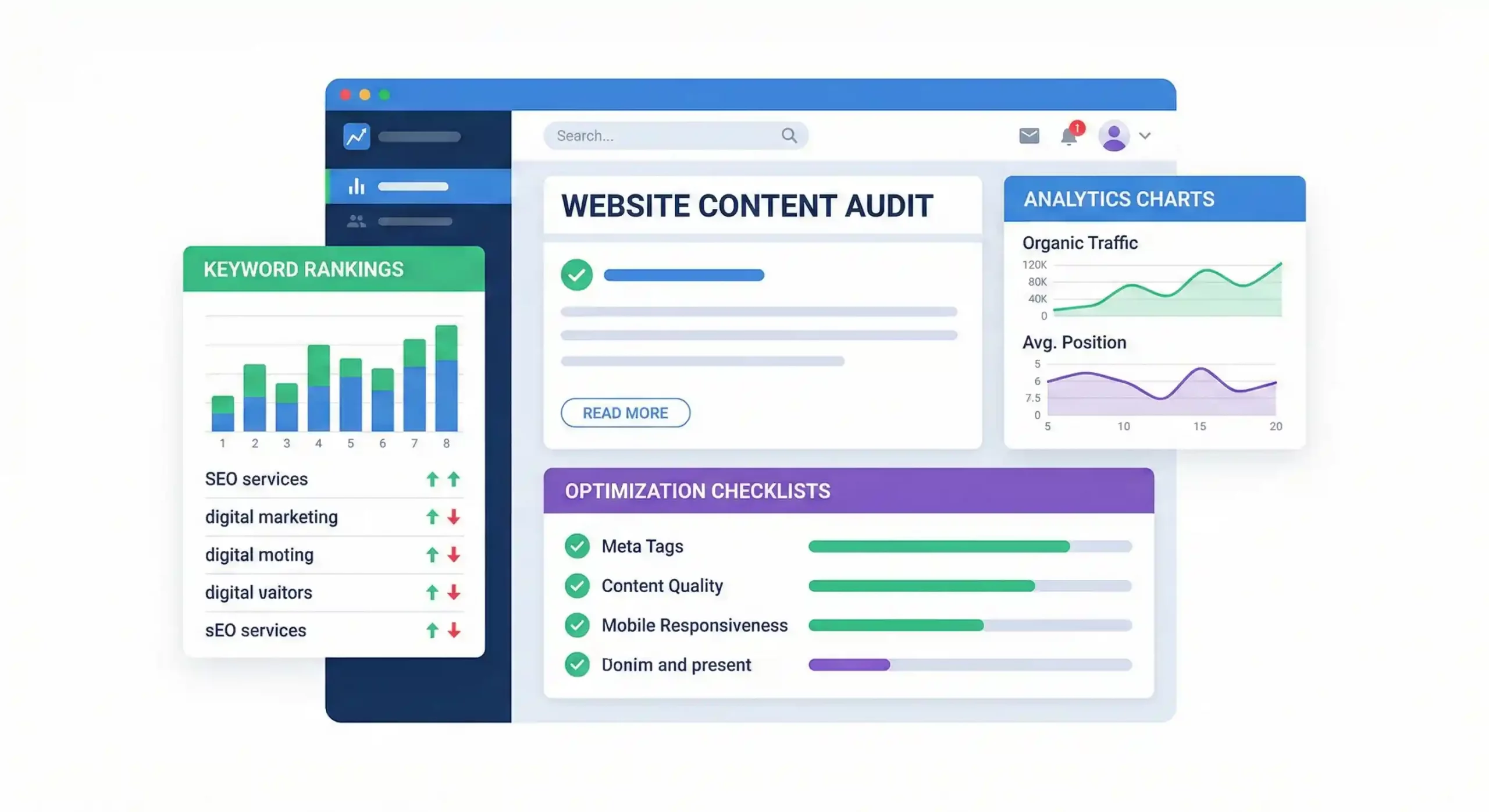 SEO content audits process showing analytics, rankings, and optimization steps