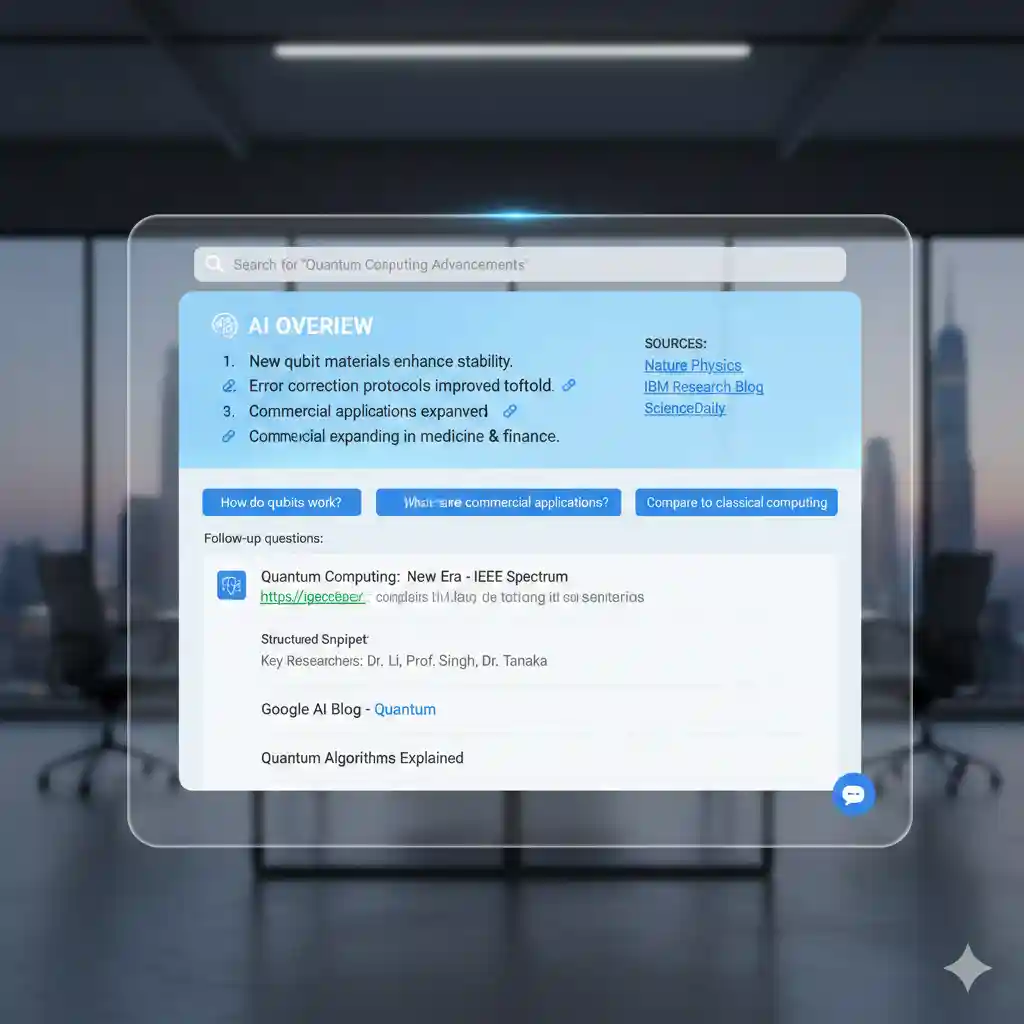 AI-powered Google Search Generative Experience interface showing summarized results and source citations