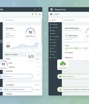 Comparison dashboard showing Shopify and WooCommerce SEO features including speed optimization, URL structure, plugins, and technical customization
