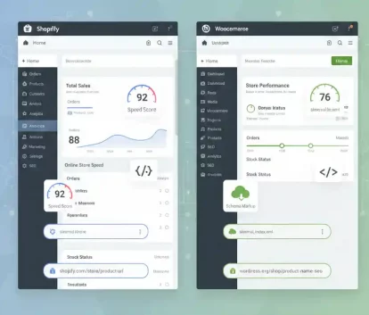 Comparison dashboard showing Shopify and WooCommerce SEO features including speed optimization, URL structure, plugins, and technical customization
