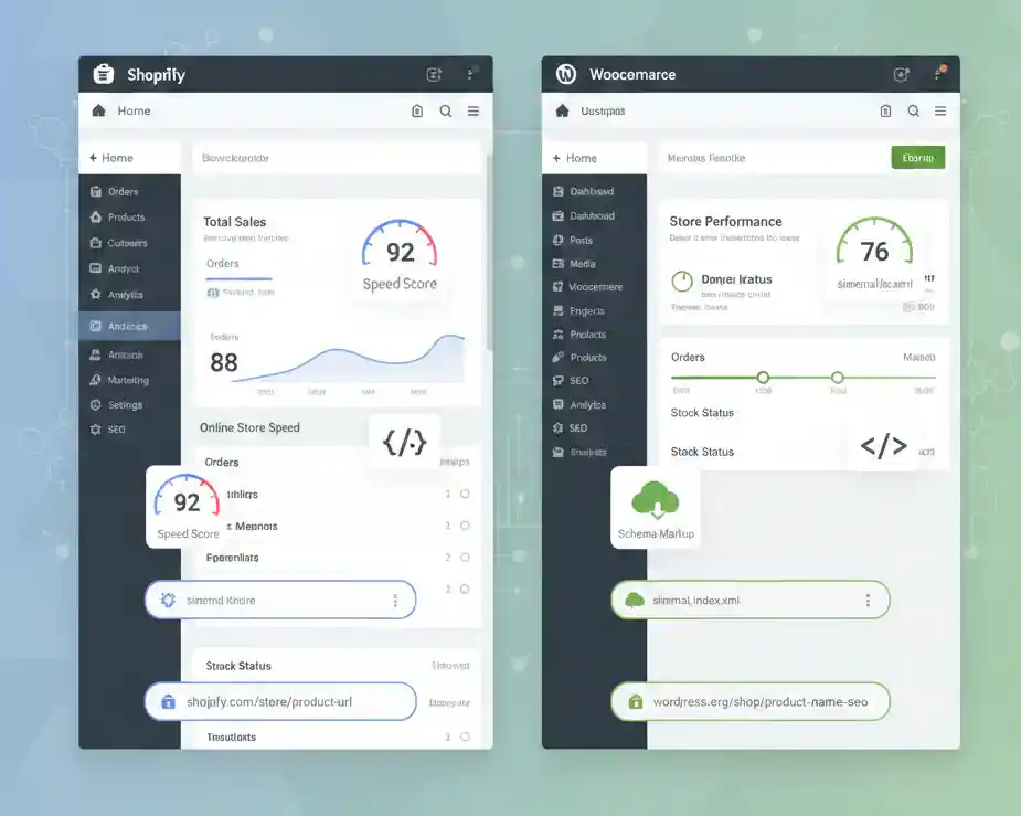 Comparison dashboard showing Shopify and WooCommerce SEO features including speed optimization, URL structure, plugins, and technical customization
