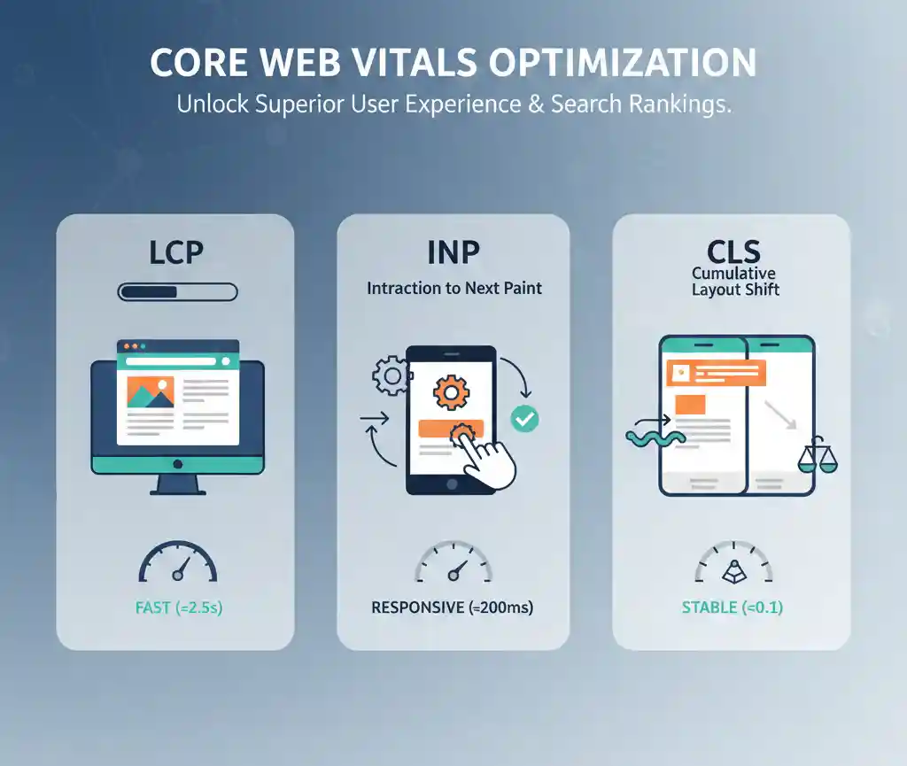 Core Web Vitals showing LCP, INP, and CLS performance metrics used in SEO Marketing optimization