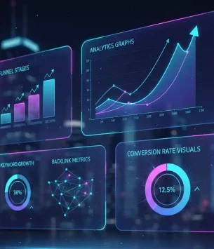 Dashboard showing SaaS SEO marketing strategy with analytics, keyword research, content funnel, and growth metrics visualization
