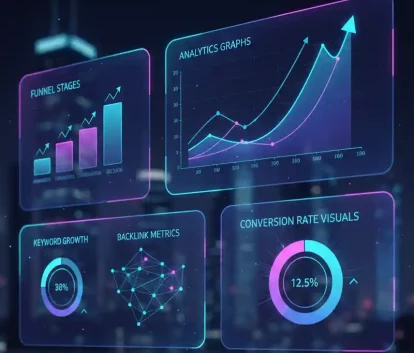Dashboard showing SaaS SEO marketing strategy with analytics, keyword research, content funnel, and growth metrics visualization