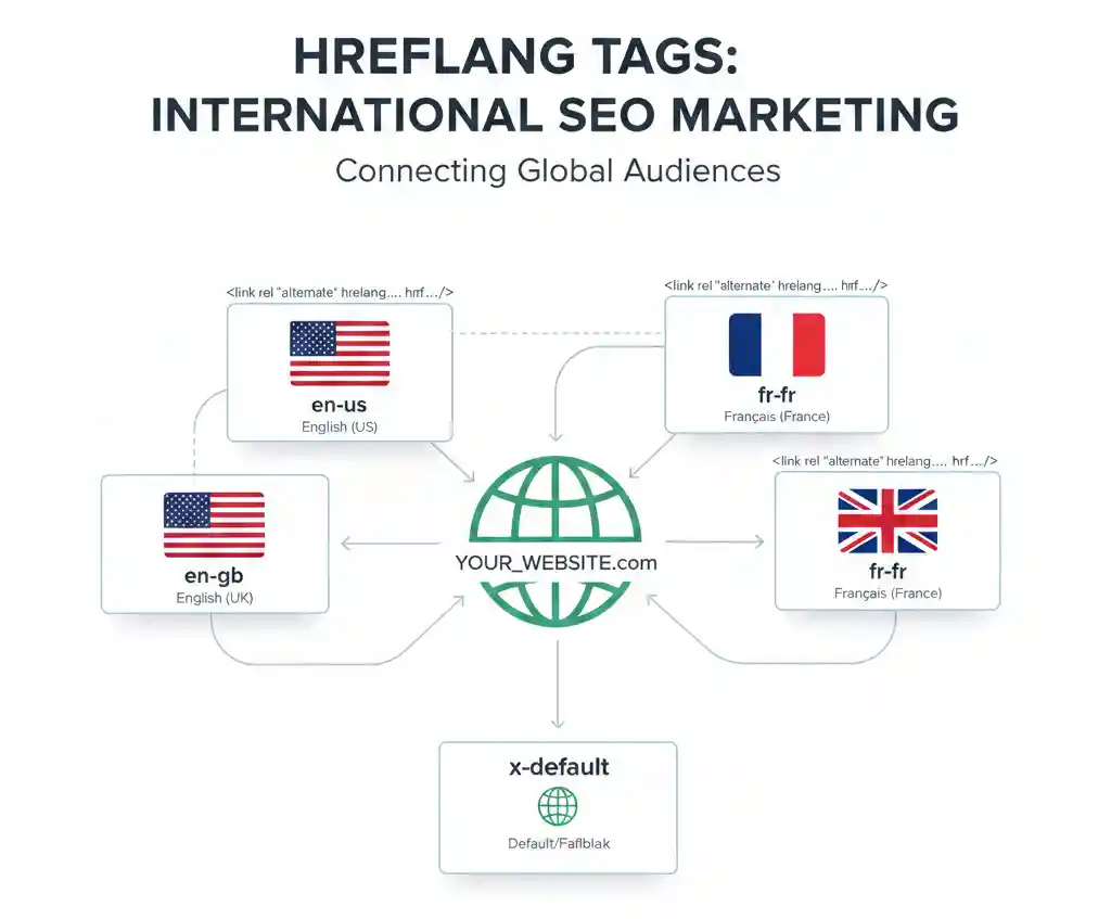 Diagram showing hreflang tag implementation for international SEO marketing across multiple languages and regions