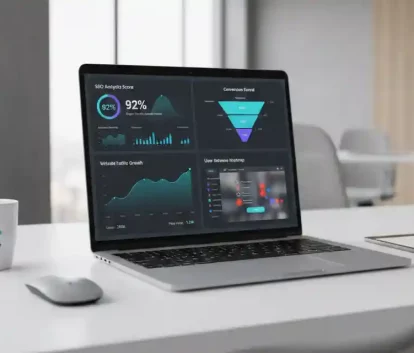 Digital marketing dashboard showing SEO analytics, conversion funnels, user behavior tracking, and performance optimization metrics on a laptop screen
