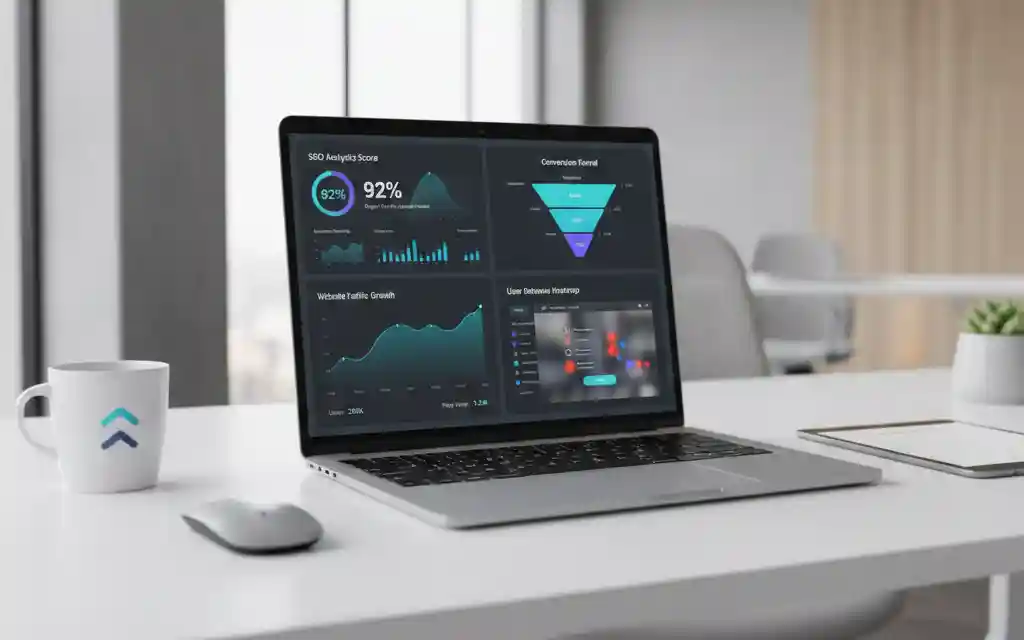 Digital marketing dashboard showing SEO analytics, conversion funnels, user behavior tracking, and performance optimization metrics on a laptop screen