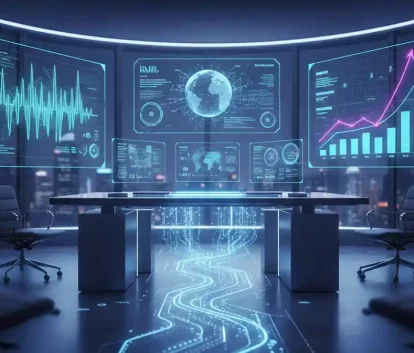 Futuristic digital marketing dashboard showing AI-driven