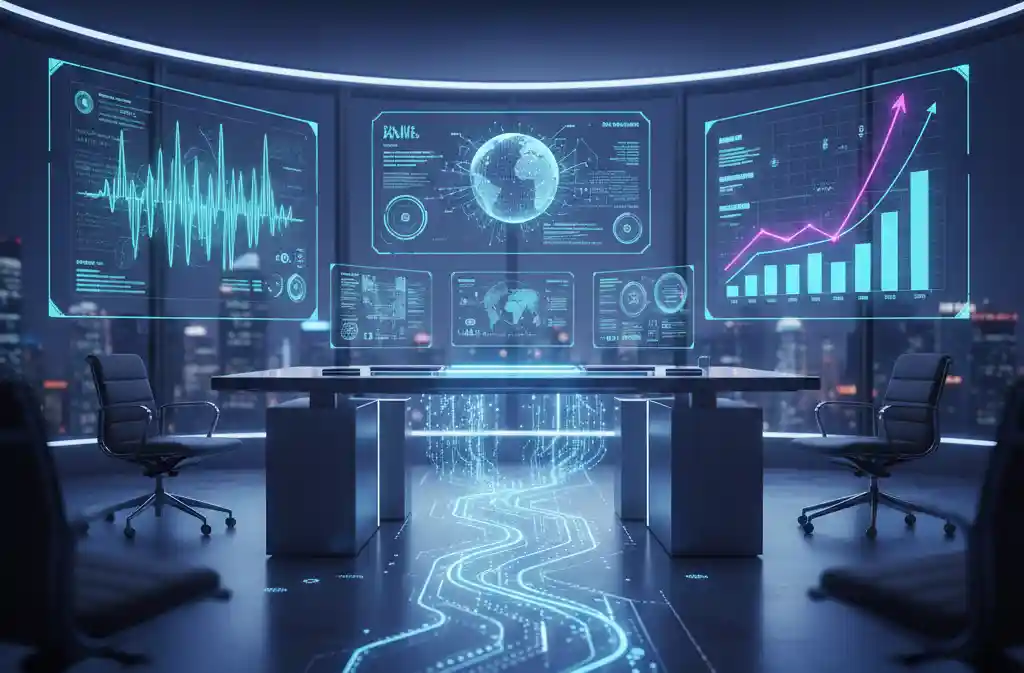 Futuristic digital marketing dashboard showing AI-driven