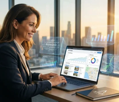 Real estate agent analyzing property listings and local SEO performance on laptop with city skyline background