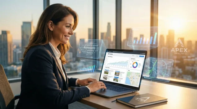 Real estate agent analyzing property listings and local SEO performance on laptop with city skyline background