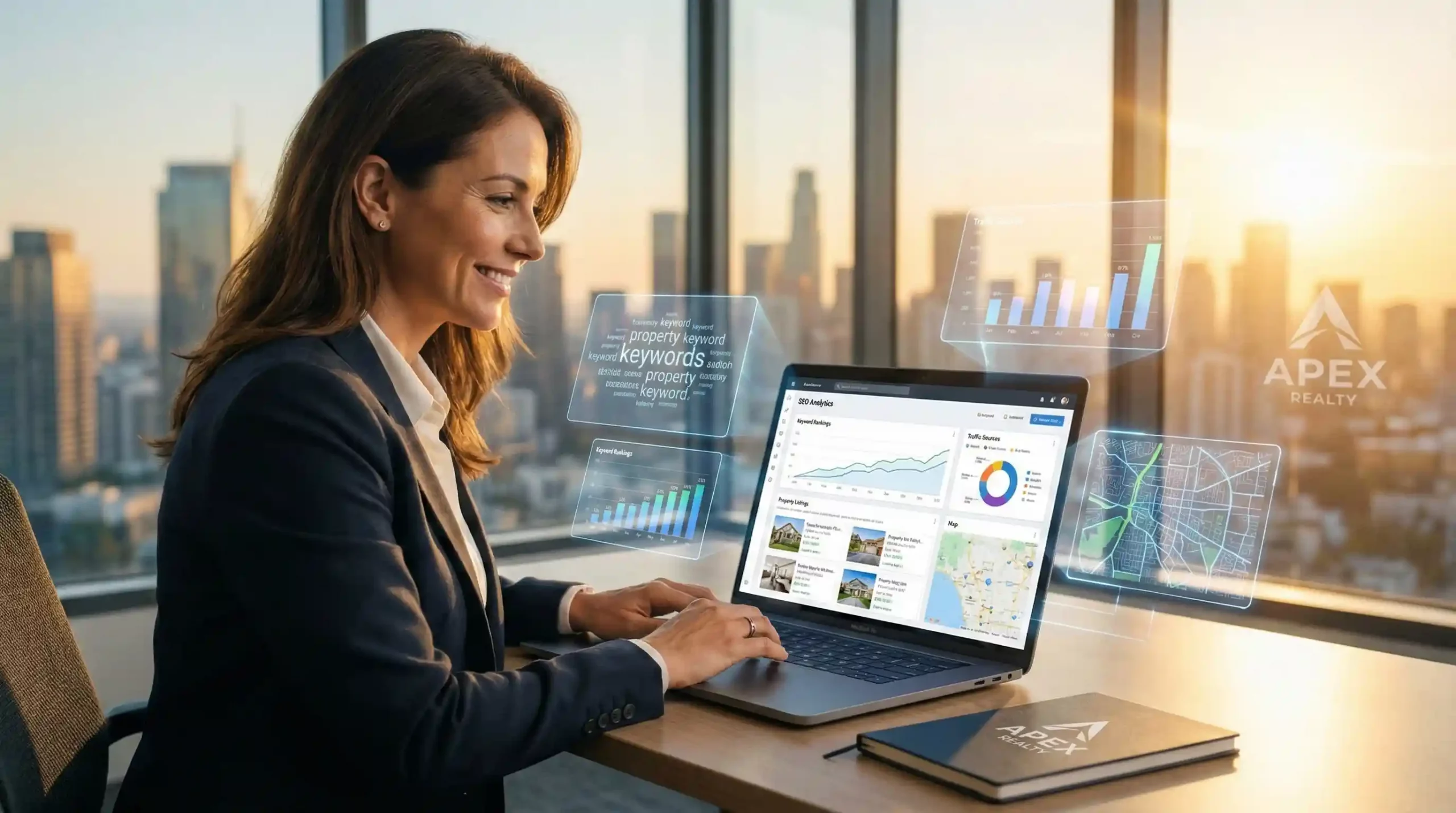 Real estate agent analyzing property listings and local SEO performance on laptop with city skyline background