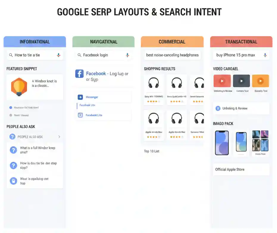 SEO Marketing illustration showing SERP layouts and search intent types on Google search results